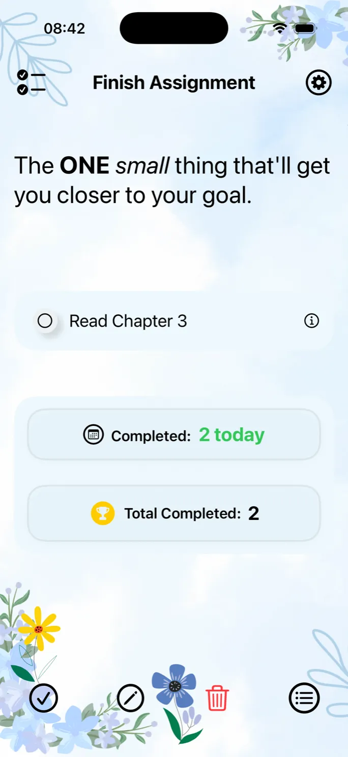 OneList app showing one goal and one task: Finish Assignment, Read chapter 1